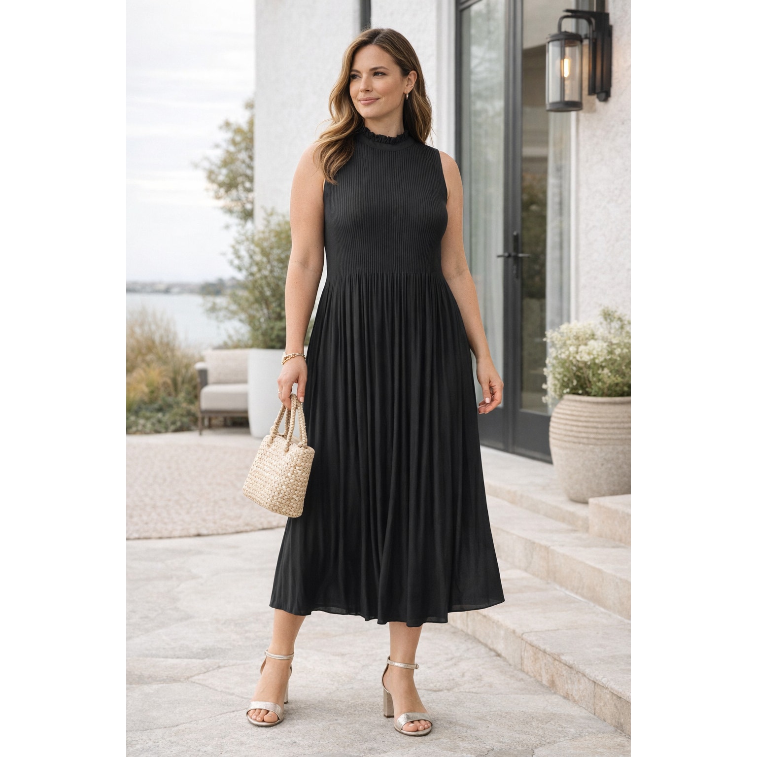New With Tags Chico’s Black Label Pleated High Neck Dress Size 12 Black Modest